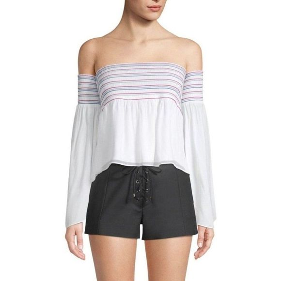 Ramy Brook Tops - NWOT RAMY BROOK Giuliana White Silky Smocked Off Shoulder Blouse Top, Size XS